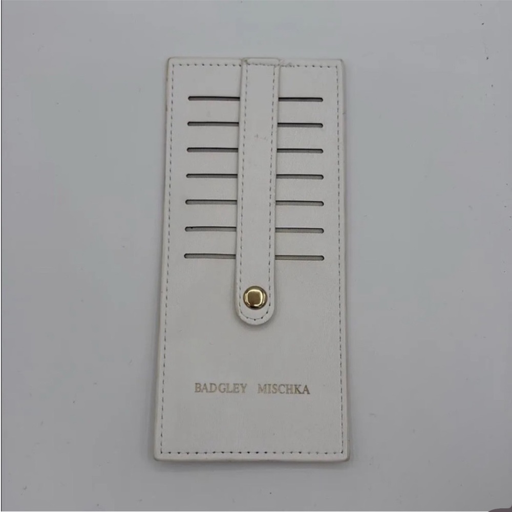 Badgley Mischka White Card Holder With 7 CC Slots with Gold Accent Safety Strap